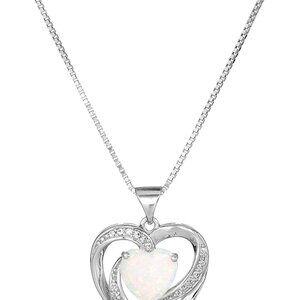 Women's Sterling Silver Created Opal and White Sapphire Open Heart Pendant Neckl